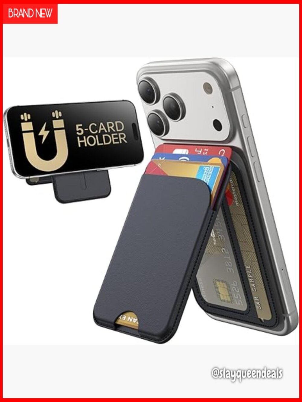 Magnetic Phone Wallet Stand with RFID Blocking, Holds 5 Cards, Vegan Leather
